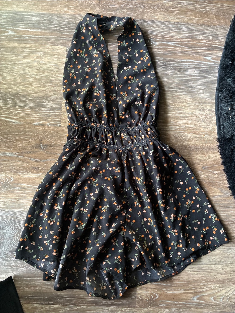 SHEIN Black Halter Floral One-Piece Romper with Orange Accents